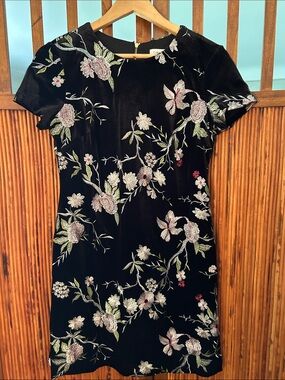 Calvin Klein Black Velvet Mini Dress with Floral Embroidery
